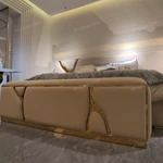 Warm Yellow Bed Bench with Hammered Gold Stainless Steel Branch Inlays